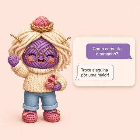 Assistente de IA do crochê, uma bonequinha de crochê, respondendo à pergunta Como aumento o tamanho: Troca a agulha por uma maior