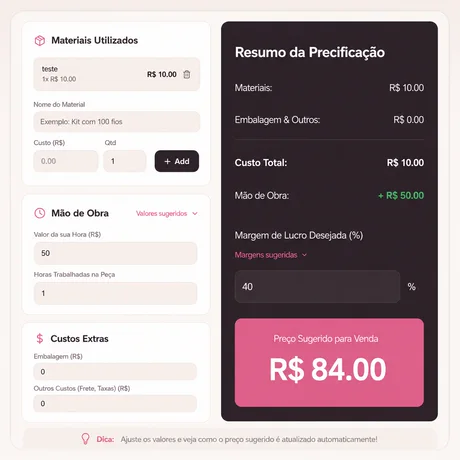 Tela da Calculadora de Preço, com campos de materiais, mão de obra e custos extras, mostrando o preço sugerido para venda