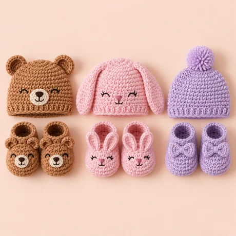 Três conjuntos de touca e sapatinhos de bebê em crochê combinando: ursinho caramelo, coelhinho rosa e lilás com pompom