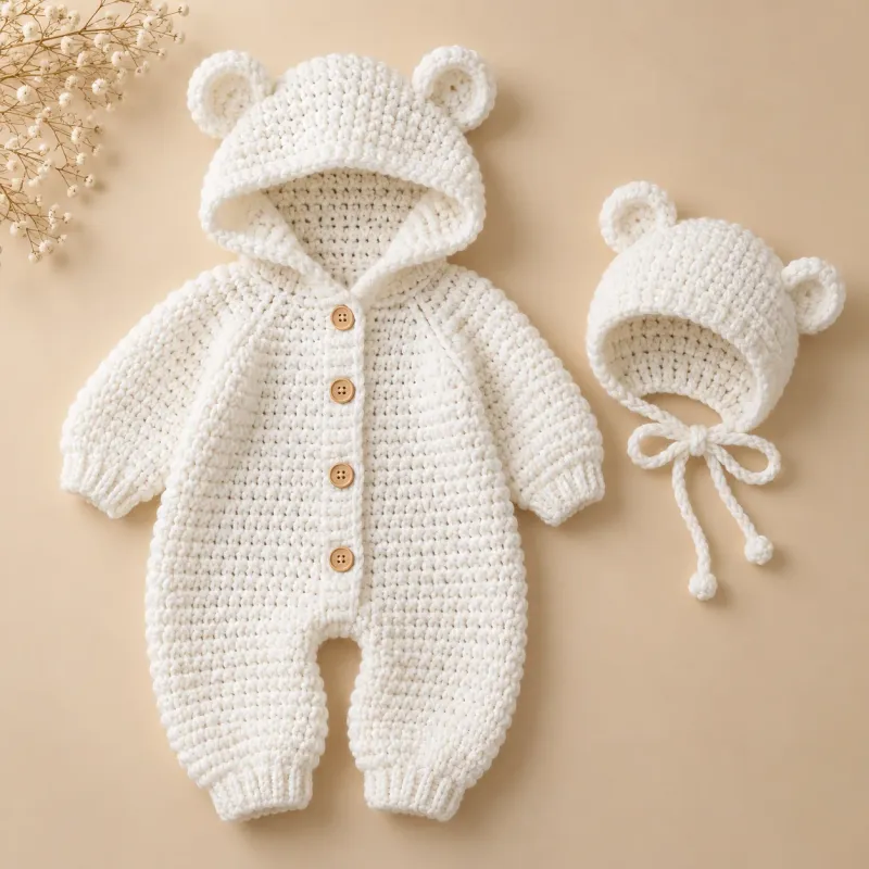 Kit de ensaio de bebê em crochê com macacão temático e touca de bichinho combinando
