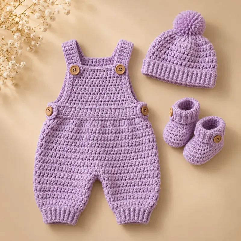 Kit de bebê em crochê com jardineira, touca e sapatinho no mesmo ponto e na mesma cor
